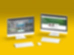two monitors, two keyboards and one mouse with a yellow background