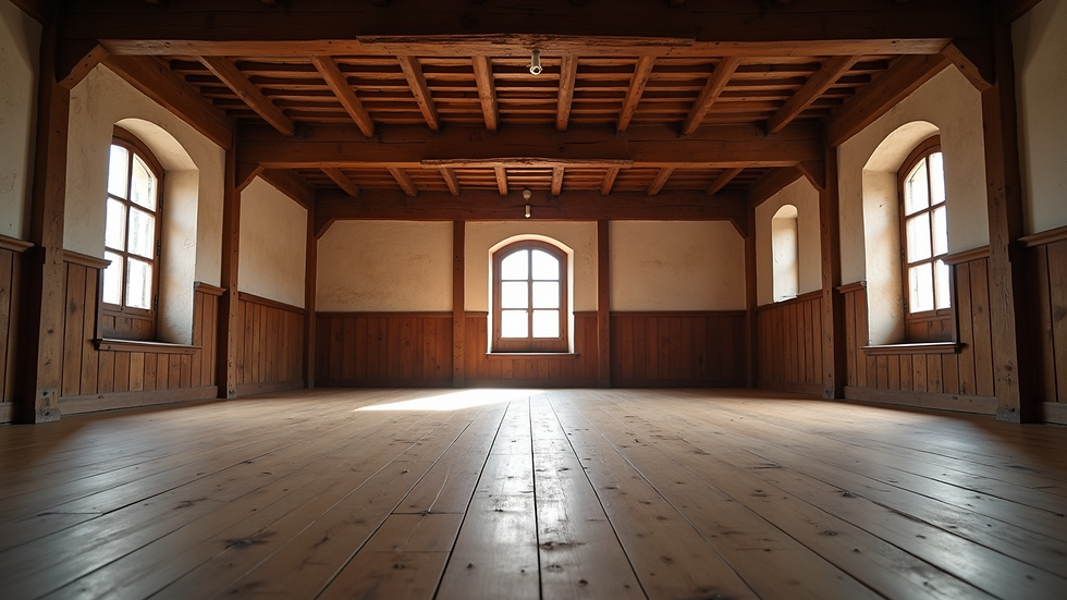 Eye-level view of a historical European martial arts training hall with wooden floors