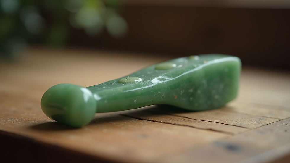 Close-up view of a jade gua sha tool on a wooden surface