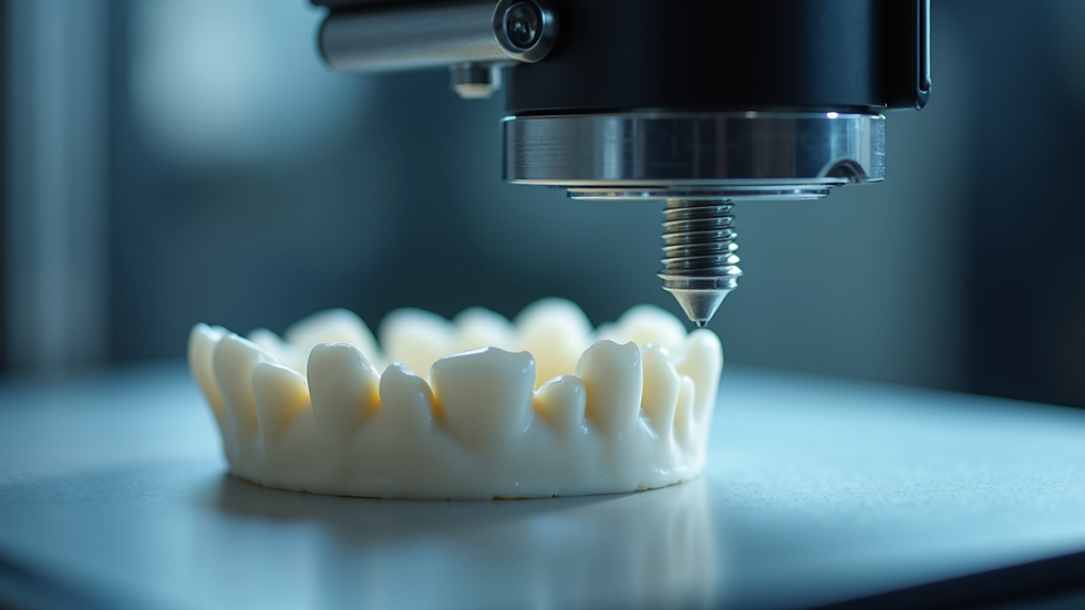 Close-up view of a 3D printer producing a dental implant model