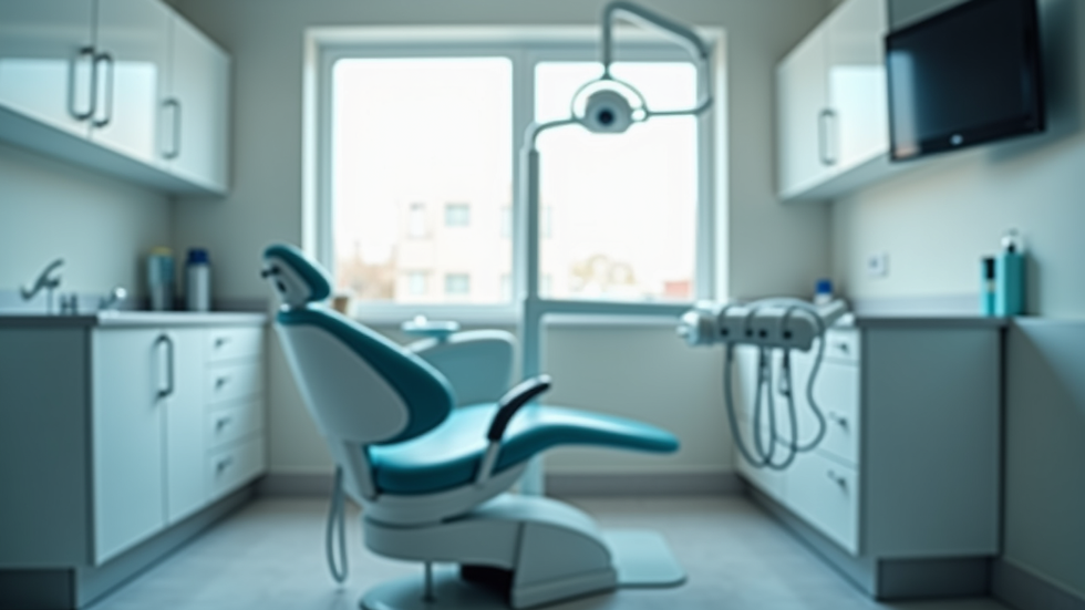 Eye-level view of dental clinic treatment room with dental chair
