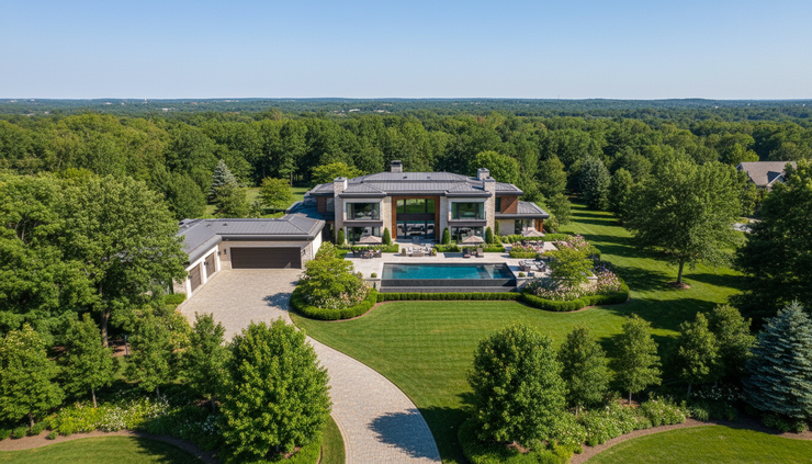Aerial view of a high-end property with landscaped grounds and a spacious driveway.