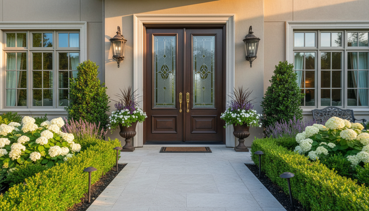 Close-up view of a front entry with fresh landscaping before a listing shoot.