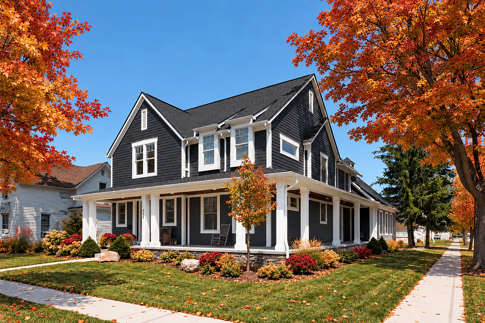 A charming two-story charcoal-gray home with white trim and a wraparound porch, surrounded by vibrant orange and red fall foliage, colorful autumn landscaping, and a neatly maintained green lawn with scattered fallen leaves.