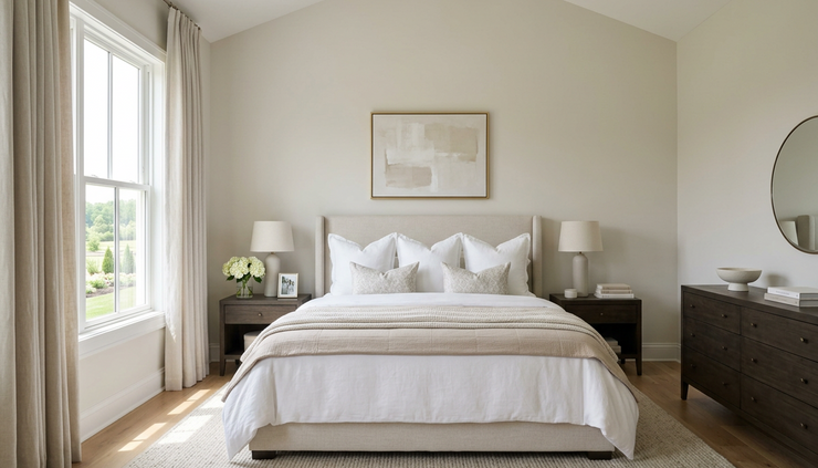 Eye-level view of sunlight coming through clean windows in a staged bedroom