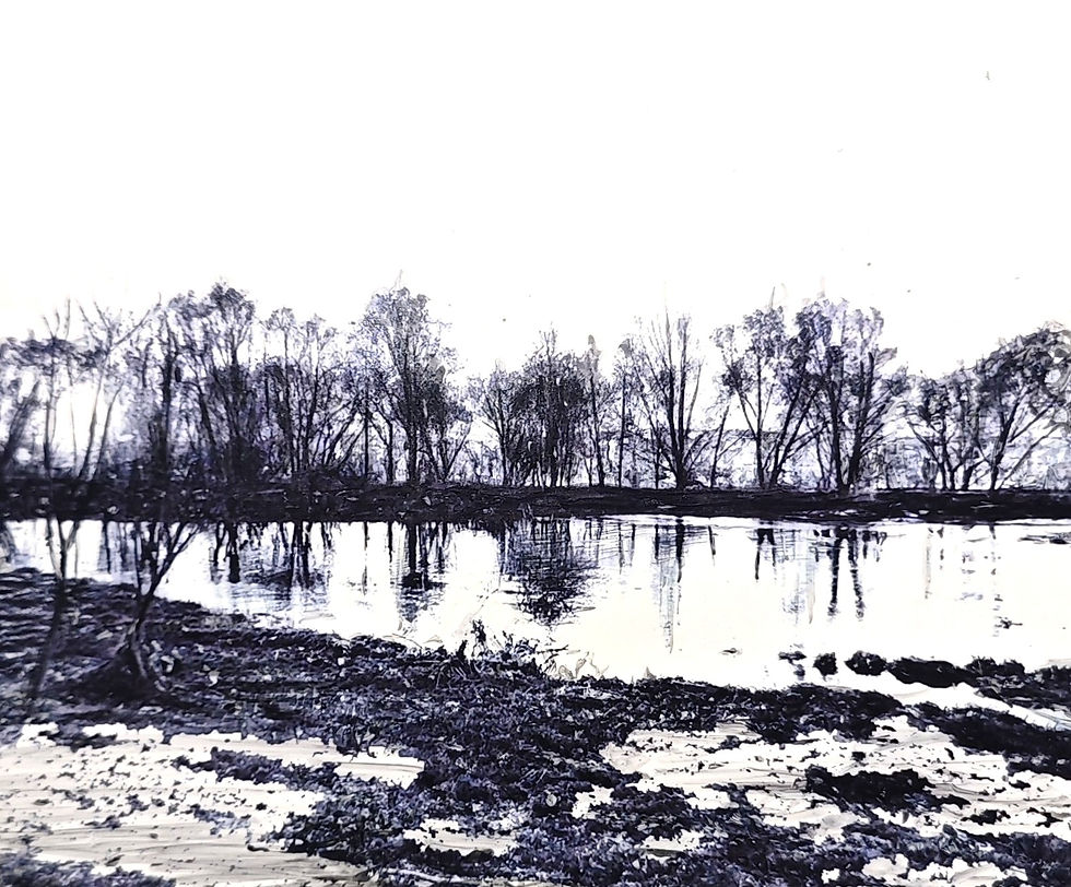 The Border Runs in The River, 2024 25-piece installation, intervention with brush-ink and
