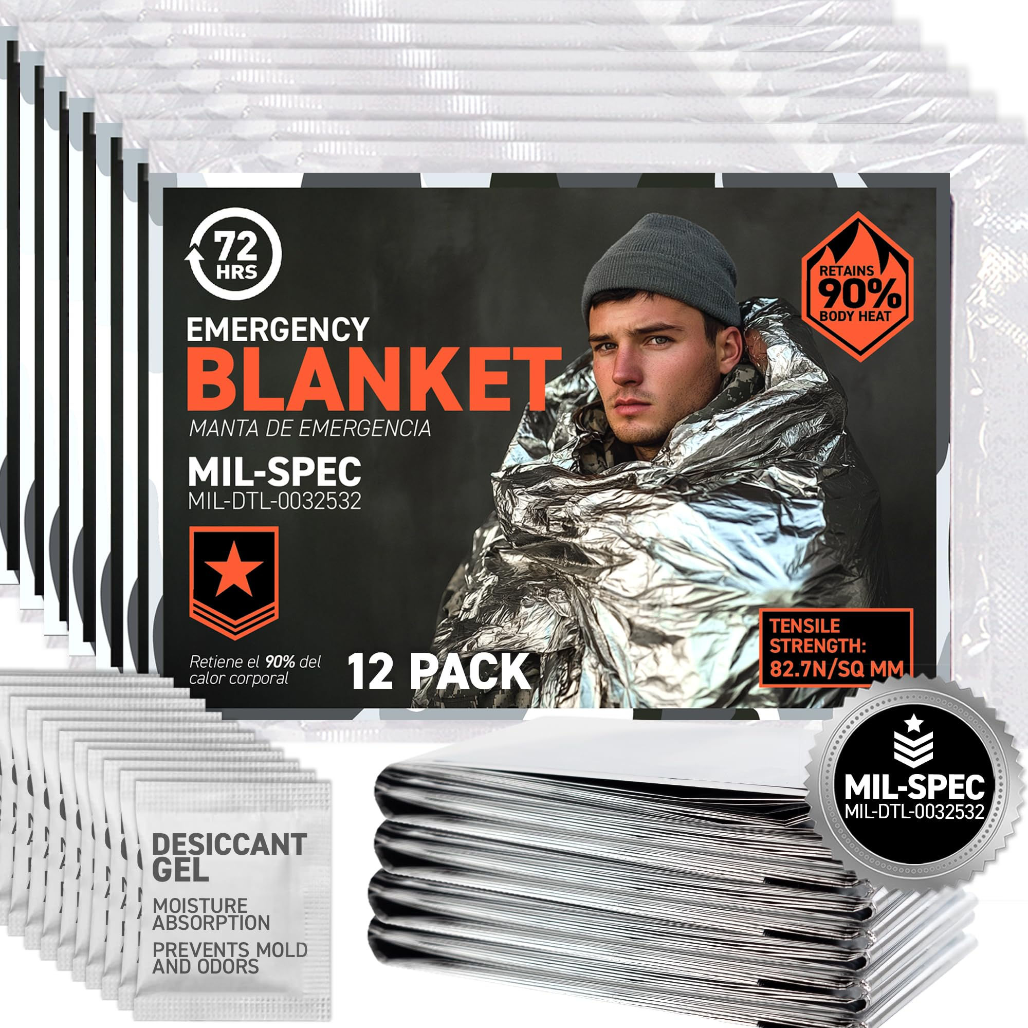 72-Hour Mil-Spec Thermal Survival Blankets – 12-Pack