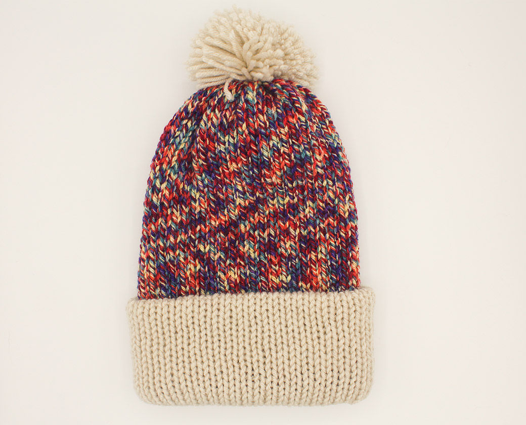 Fold-Up Brim Beanie with Pom Pom