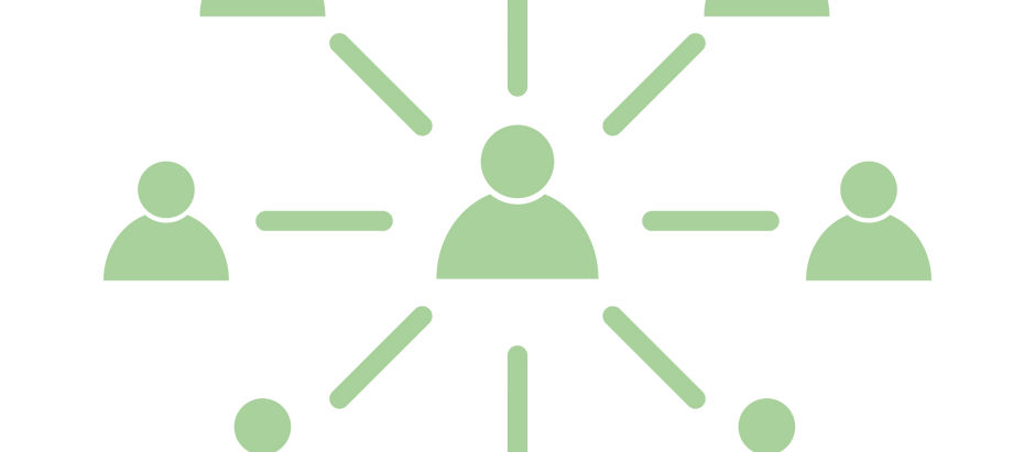 Graphic showing a person icon with lines linking them to a network of other people in a circle. All the icons are green.