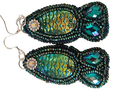 Teal beaded teardrop earrings with scale pattern