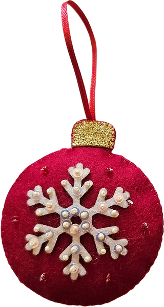 Red felt Christmas ornament with white embroidered snowflake