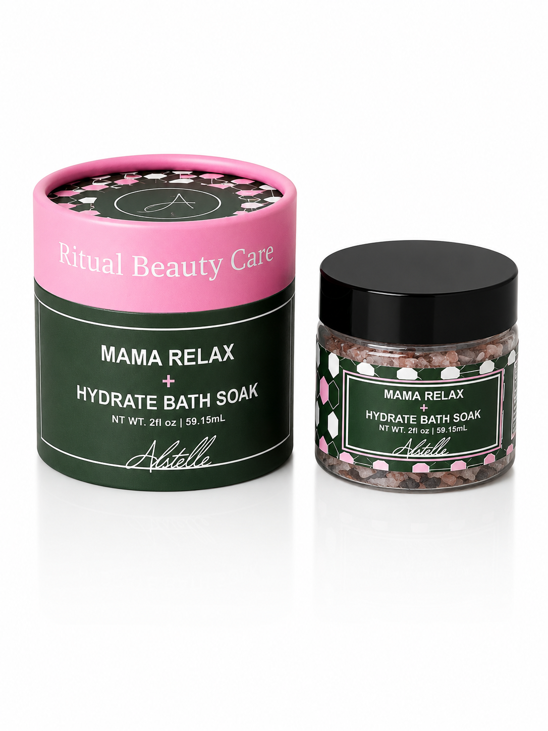 Mama Relax + Hydrate Bath Soak Natural Pregnancy Bath Soak in jar and outer packaging tube