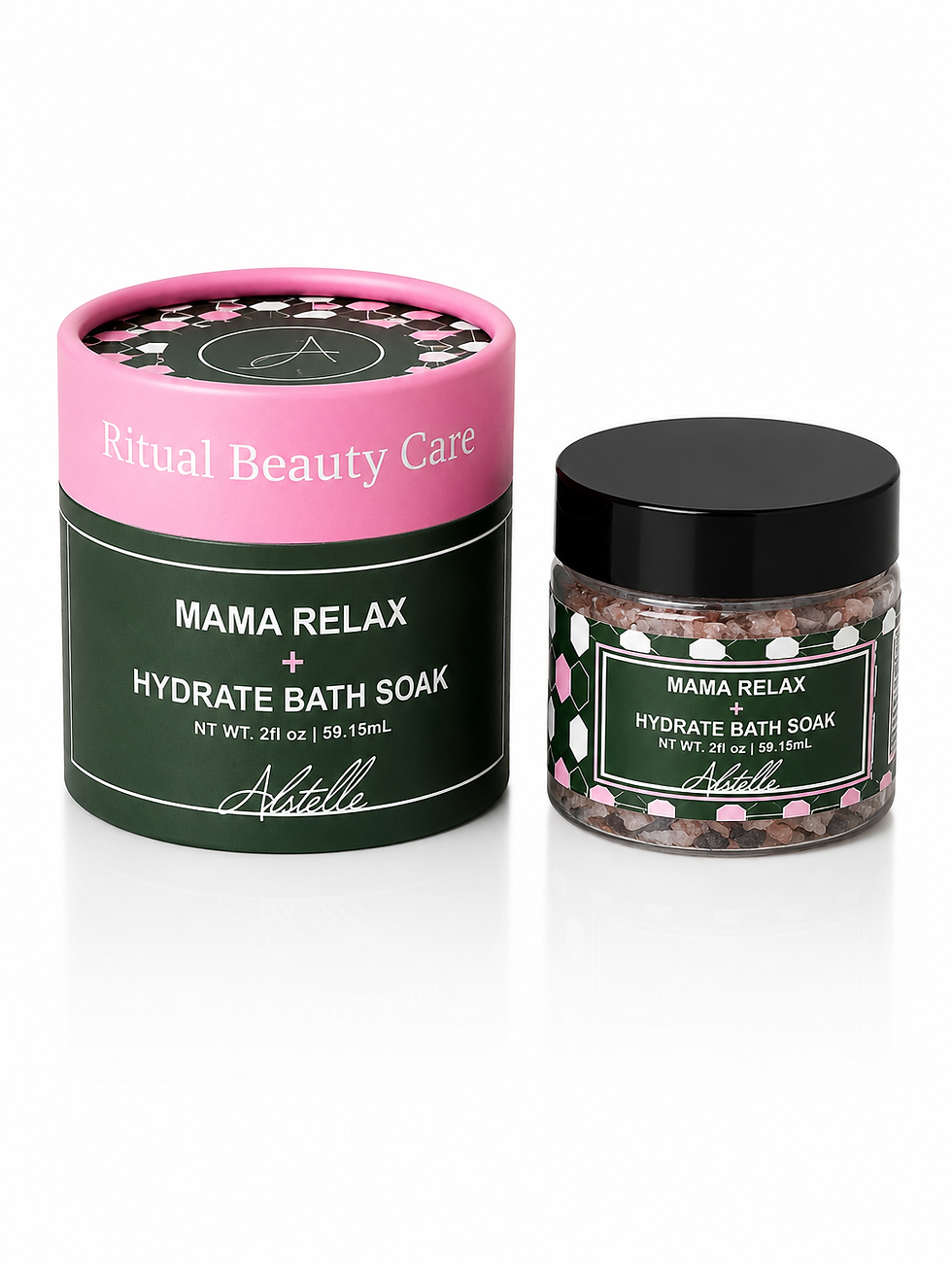 Mama Relax + Hydrate Bath Soak Natural Pregnancy Bath Soak in jar and outer packaging tube