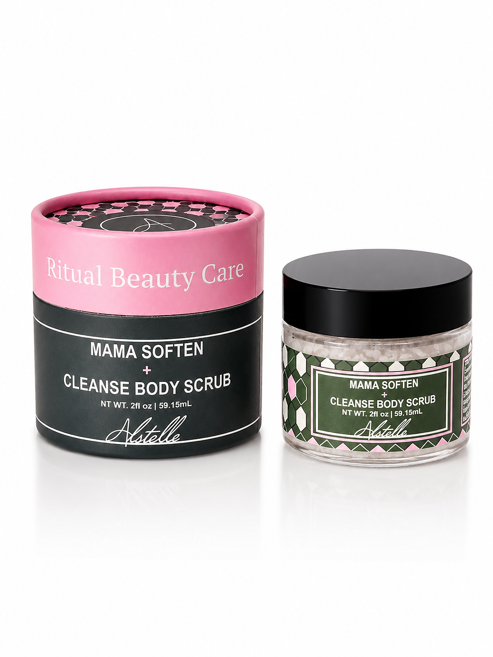 Mama Soften + Cleanse Gentle Body Scrub in jar with outer packaging tube