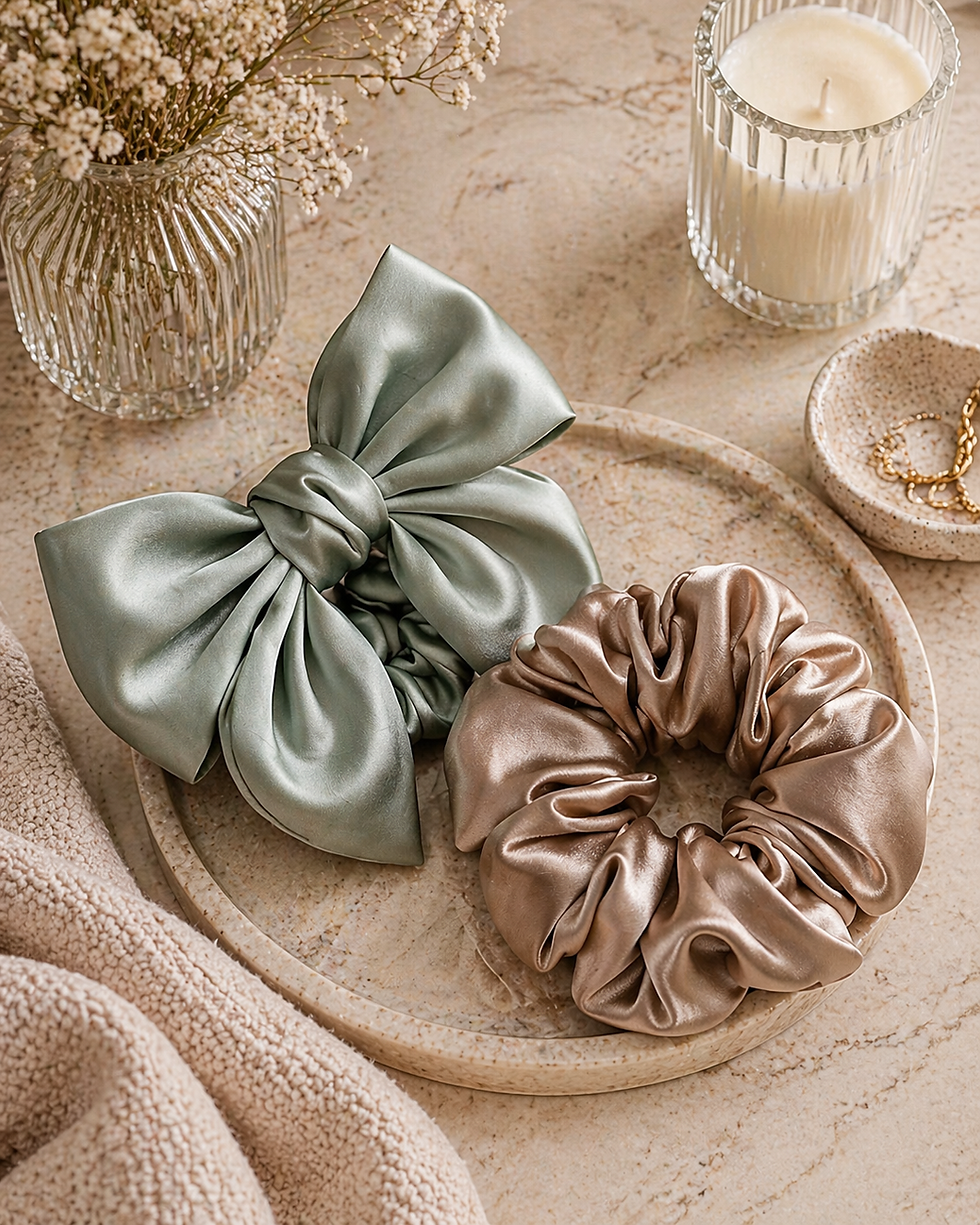 Satin Bow & Silk Scrunchie in bathroom for decor
