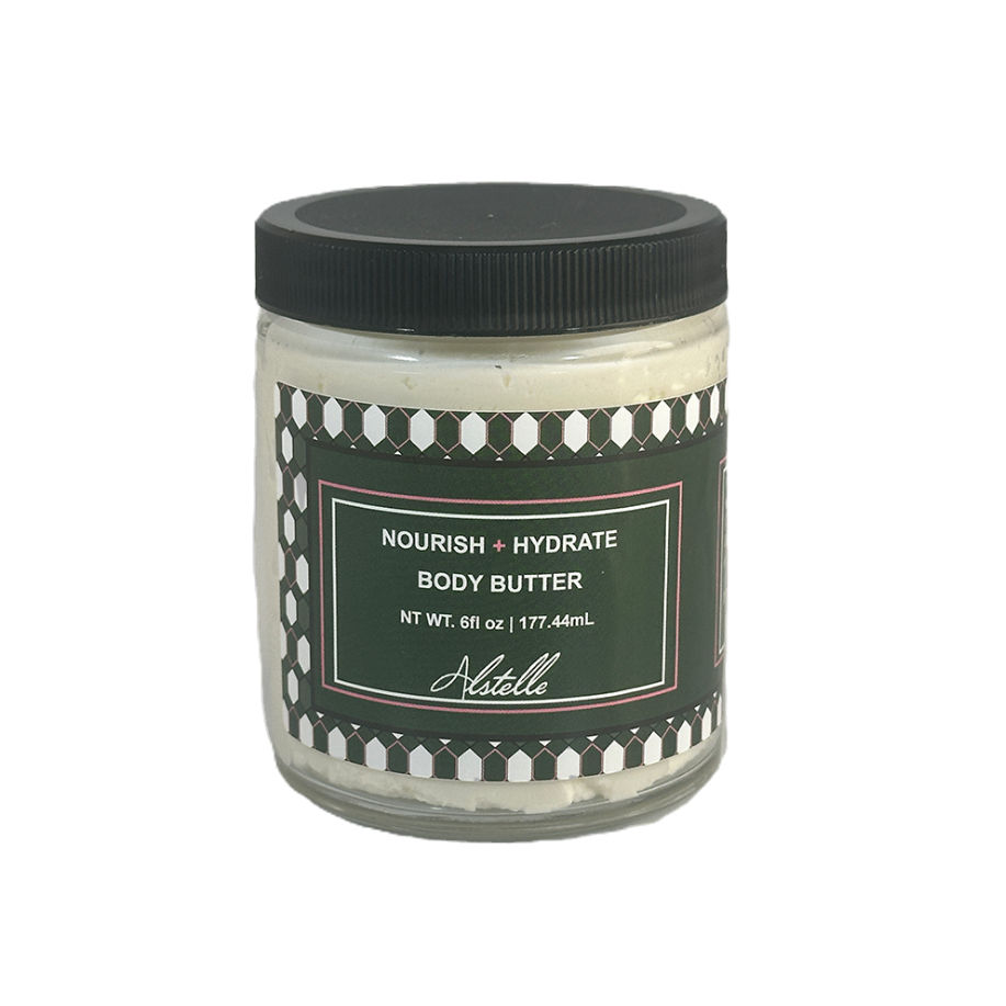 Nourish, hydrate body butter jar with Alstelle label. Beauty bag for skincare.