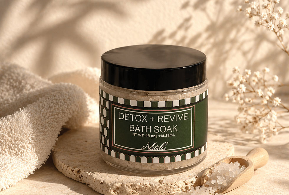 Detox+Revive Bath Soak on stone background for decor reasons