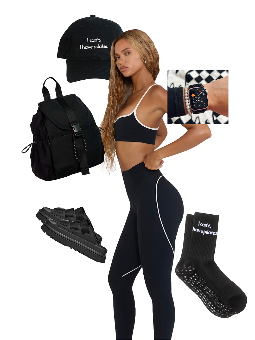 Girl with leggings, sports bra, crew grip socks, dad hat, sports watch, backpack, and sports shoes