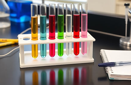 Laboratory bench, test tubes in a tube rack with colored solutions, micropipettes , notepa