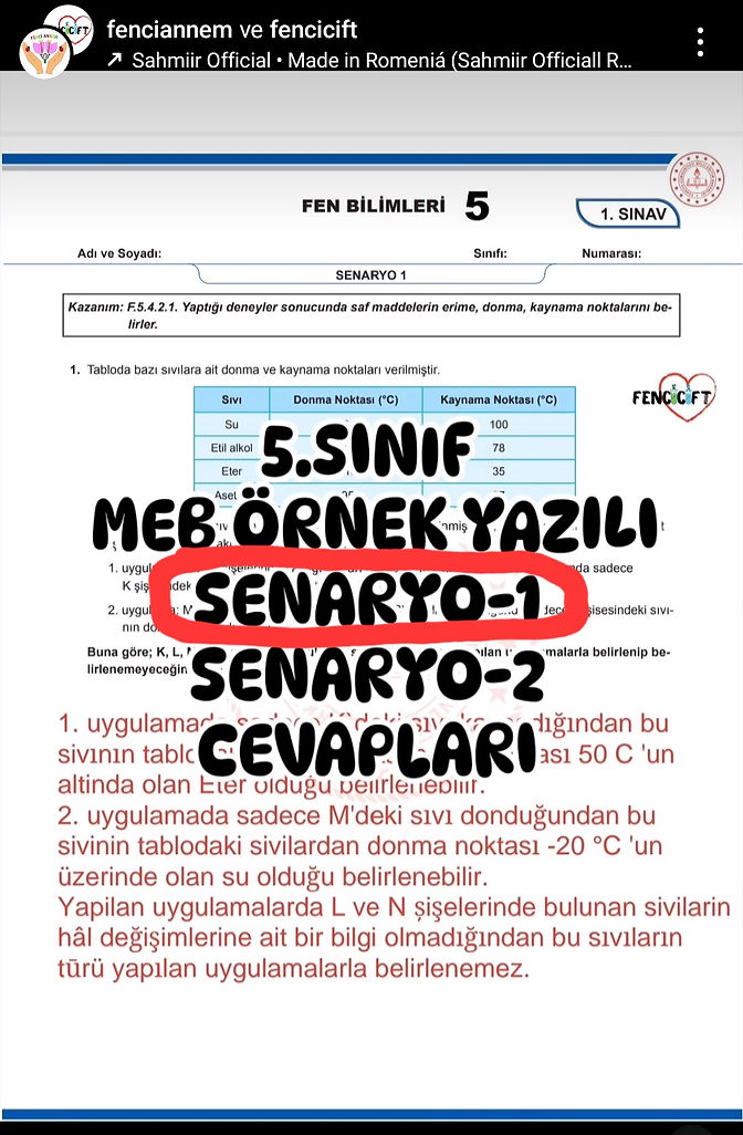 5.SINIF FEN BİLİMLERİ 2.DÖNEM 1.YAZILI MEB ÖRNEK YAZILI SENARYO-1
