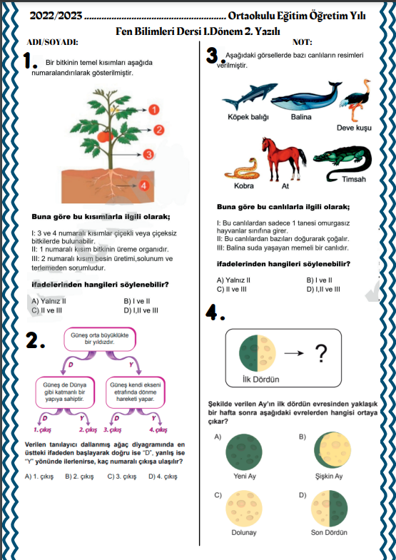 5.SINIF FEN BİLİMLERİ 1.DÖNEM 2.YAZILILAR