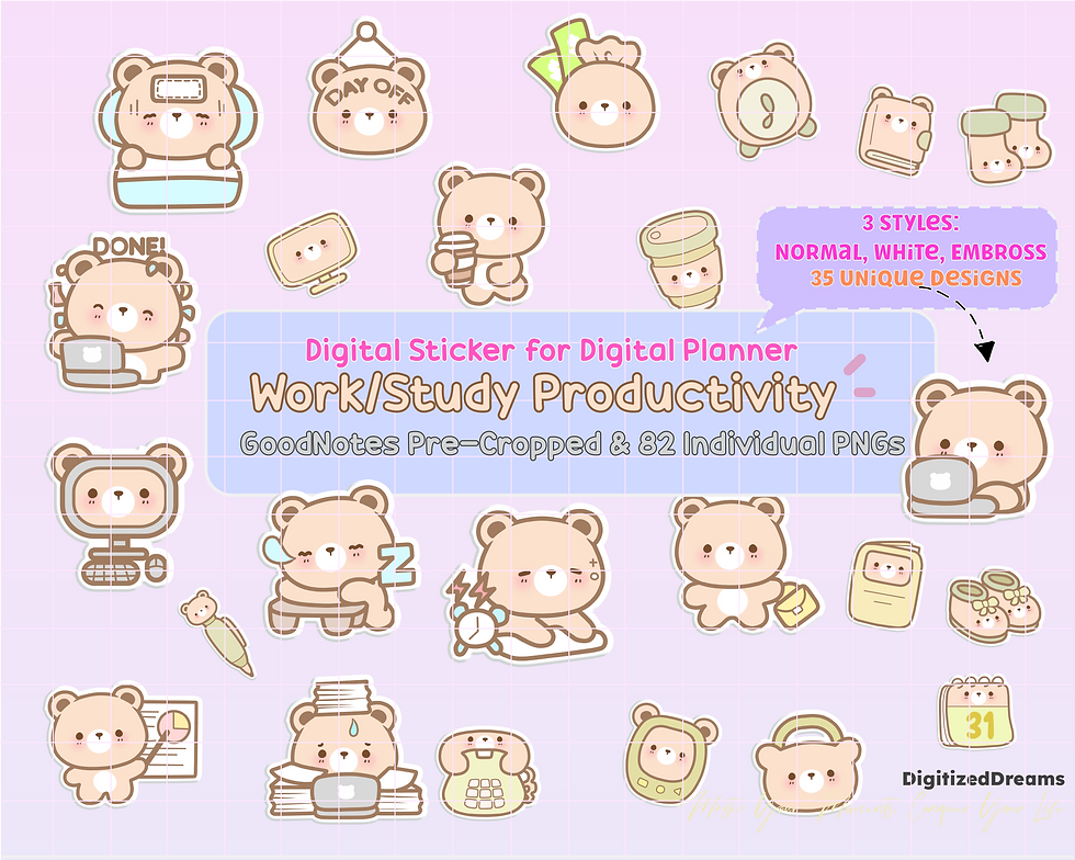 Add some productivity to your digital planner with Bear Productivity Work Digital Stickers. Ideal for iPad and 2024 2025 pla