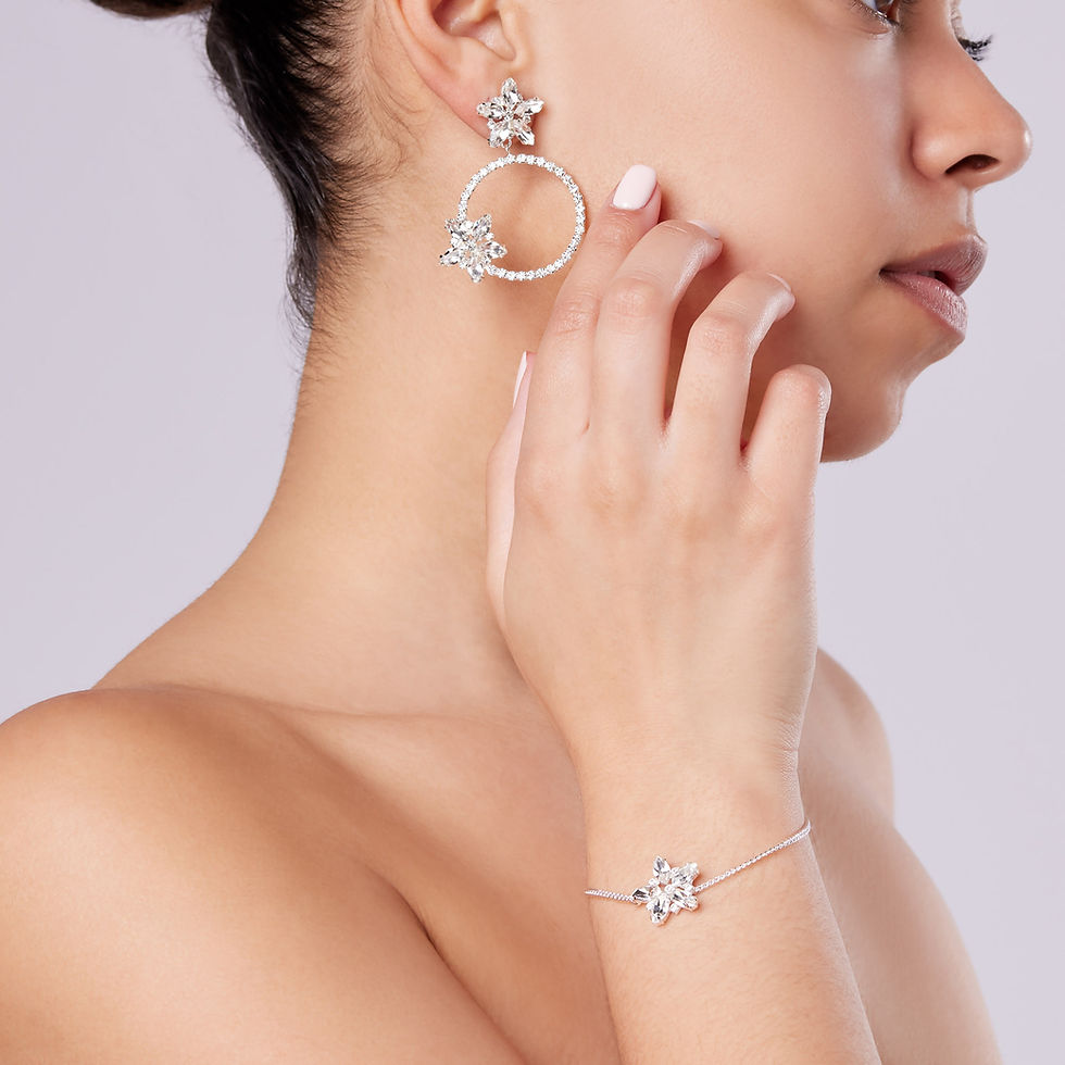 Thumbnail: Woman wears large floral hoop earrings and matching bracelet elegantly.