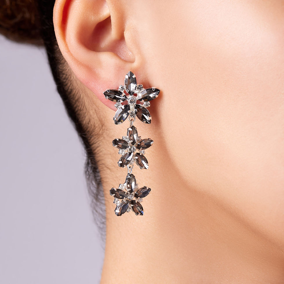 Thumbnail: Woman's ear, long dangle earrings with three grey crystal stars