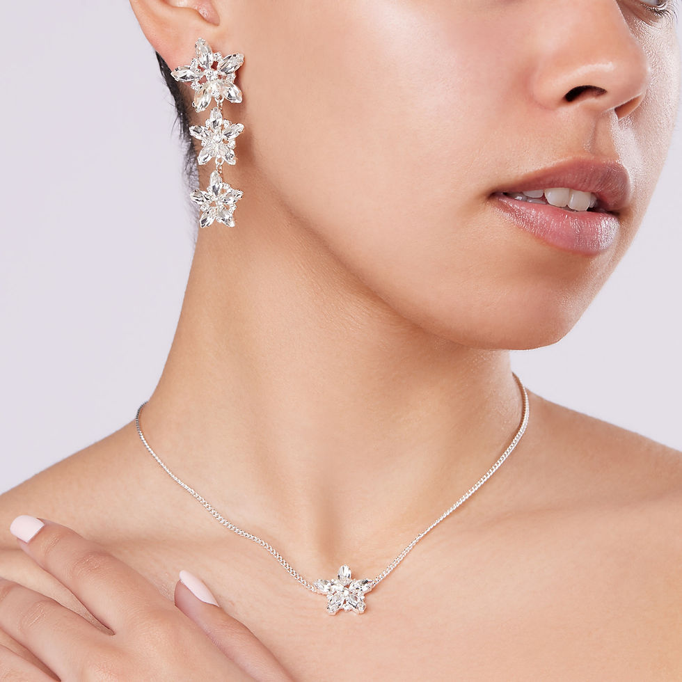 Thumbnail: Woman wearing sparkling silver star dangle earrings and matching necklace.