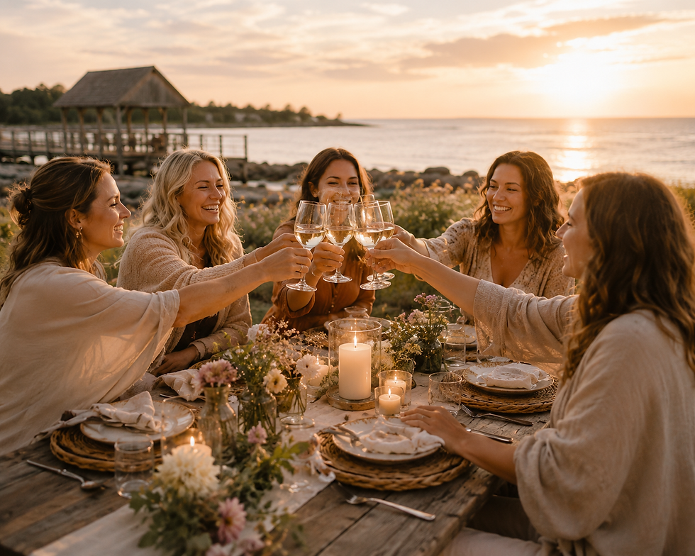 5 women toasting glasses of white wine while sitting at a table set for dinner on the shore line at the Marmalade Motel.