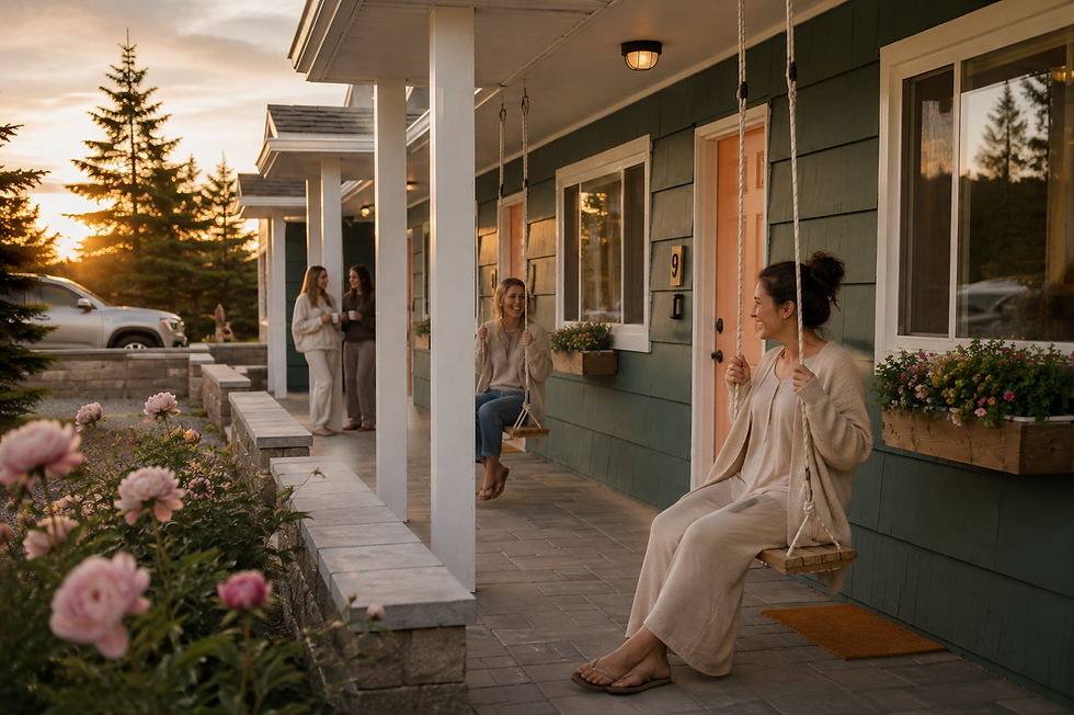 The front entry walkway to the Marmalade Motel. Women sitting on the hanging swings laughing. At sunset.