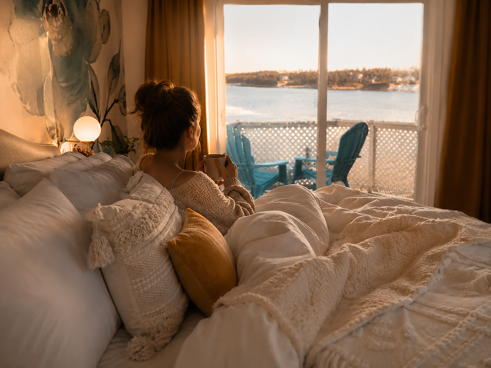 Woman lounging in her bed at the Marmalade Motel.