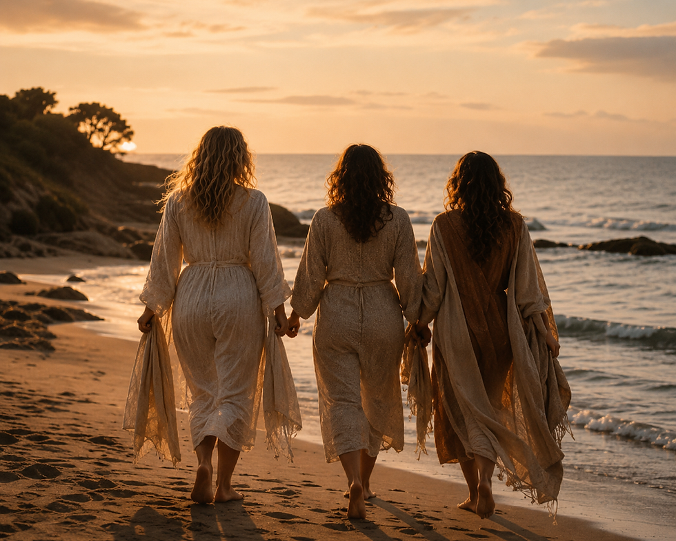 Three women walking away from the camera, holding hands on the beach.