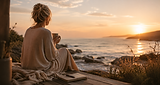 Image of woman holding a cup of coffee watching the sunset from a blanket on the beach.
