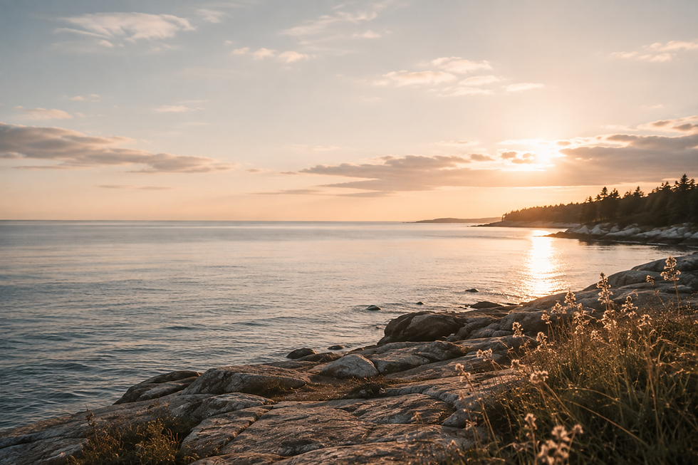 Sunset over the ocean an rock beach.
