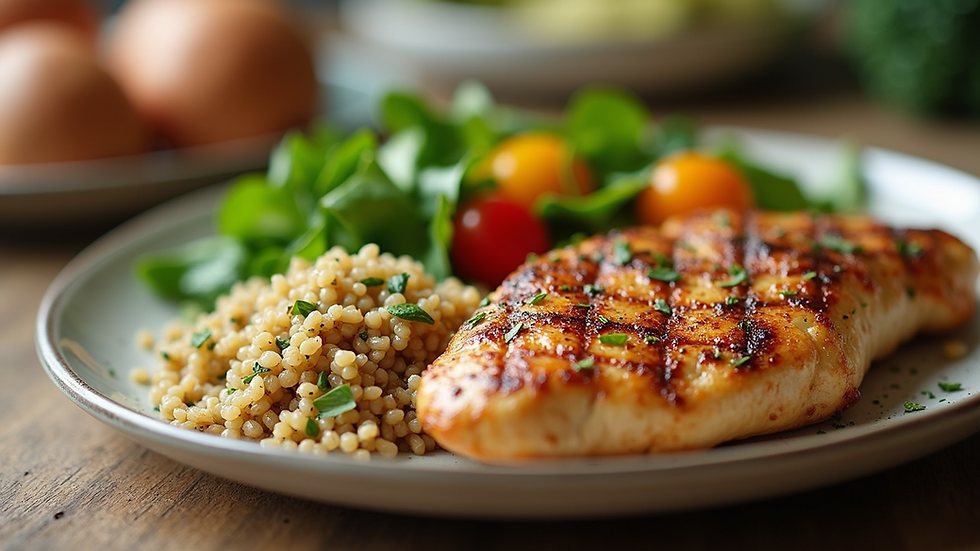 Close-up view of a healthy meal with grilled chicken, quinoa, and mixed vegetables