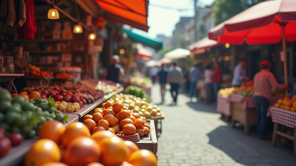 Eye-level view of a vibrant outdoor market showcasing various products