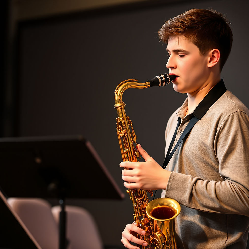 a young male saxophone player playing with confidence and with proper posture 