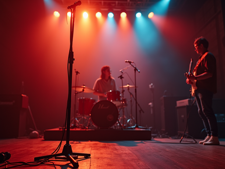 An intimate local music venue stage in Brooklyn, representing performance opportunities for emerging musicians