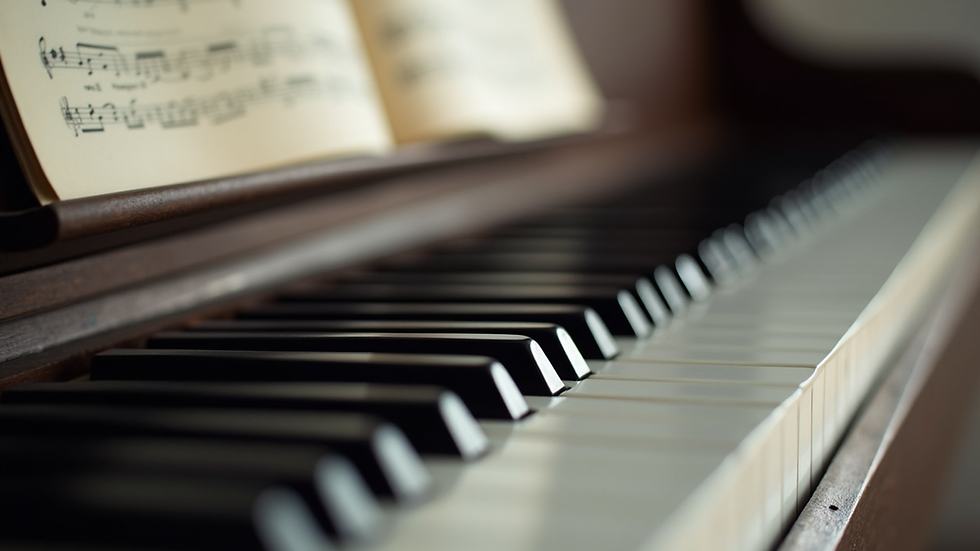 Close-up view of a piano keyboard with sheet music