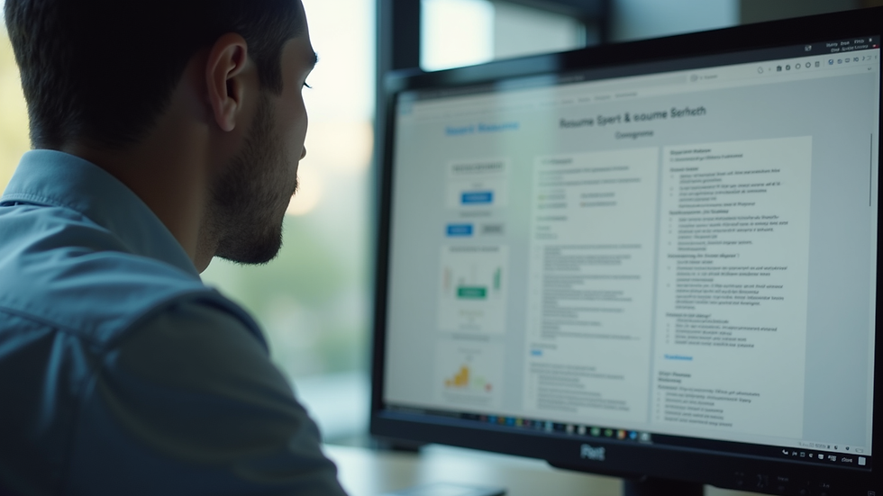 Close-up view of a recruiter reviewing resumes on a computer screen