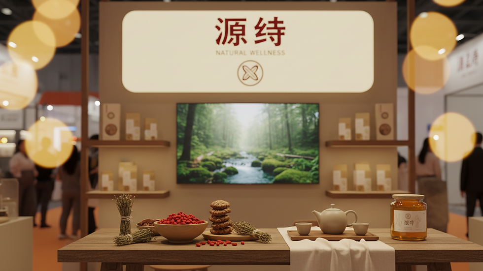 Close-up view of a modern exhibition booth with Chinese branding