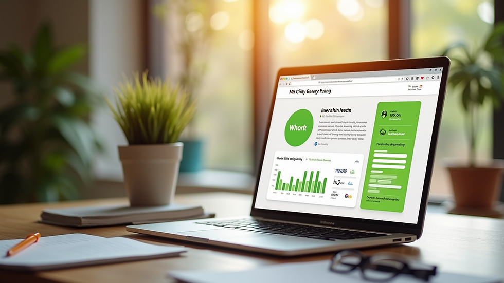 Eye-level view of a modern office desk with a laptop showing WeChat marketing dashboard