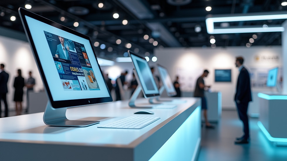 High angle view of a modern exhibition booth with digital displays and product samples