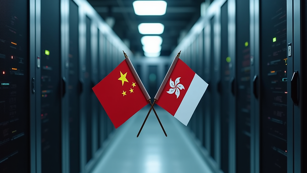 Close-up view of a server rack with China and Hong Kong flags
