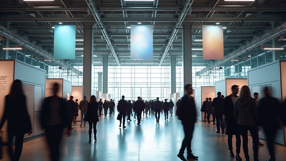 Eye-level view of a busy exhibition entrance with banners and visitors