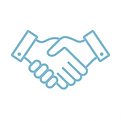 A minimalist icon of a handshake, designed in light blue on a white background. The style 