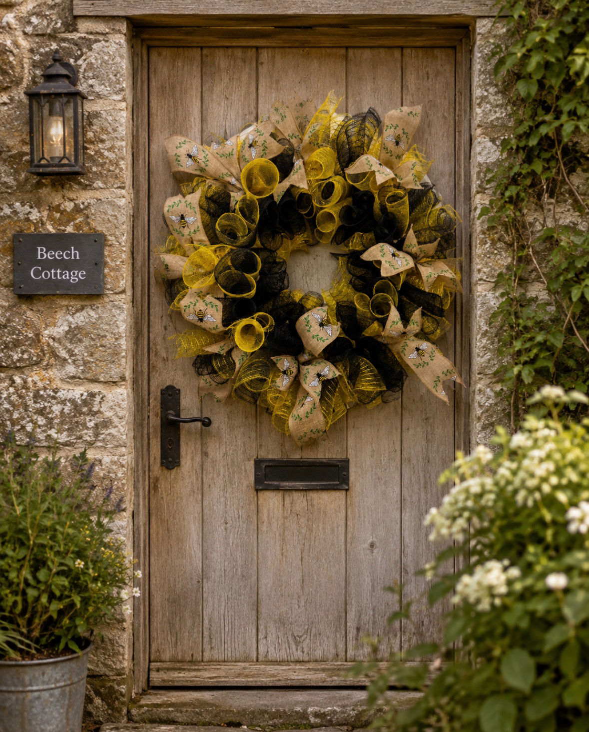 Bee Door Wreath, Yellow Black Beige Gold Mesh & Fabric, Bee Ribbon