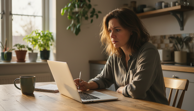 Eye-level view of a confused person looking at a laptop on a kitchen table