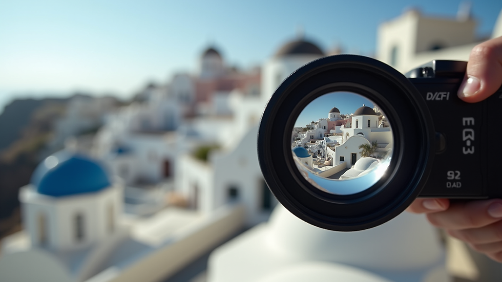 Close-up view of a professional camera lens focusing on Santorini’s iconic white buildings